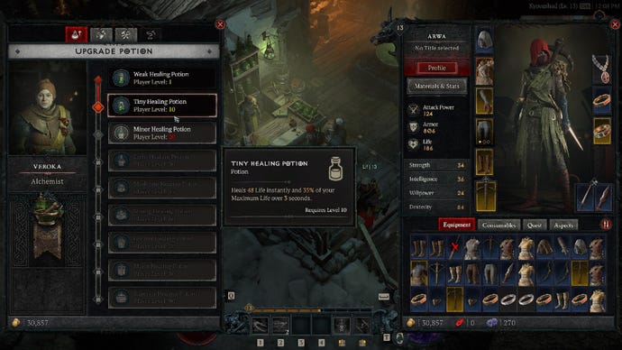 Captura de pantalla de Diablo 4 que muestra el menú Alchemist.