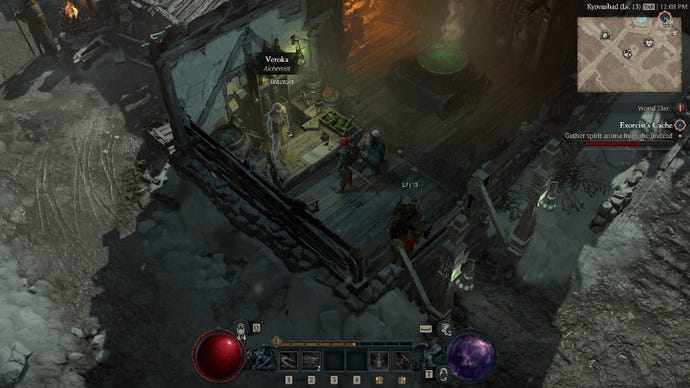 Diablo 4 screenshot showing a Rogue inside the Alchemist's shop in Kyovashad.