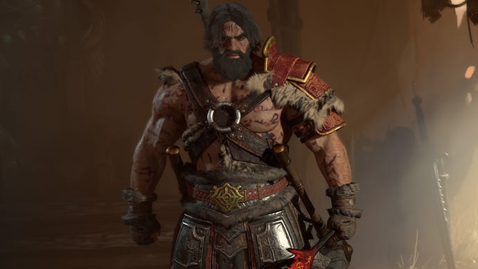 Screenshot from Diablo 4 showing a close-up of a Barbarian.
