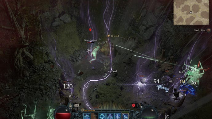Diablo 4 screenshot showing a Druid calling down bolts of lightning.