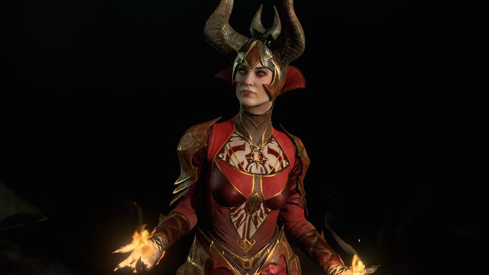 Obraz Diablo 4 pokazujący czarnoksiężnika w czerwonej szaty, z płomieniami w każdej ręce