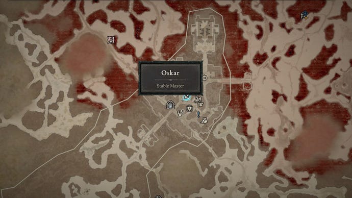 ภาพ Diablo 4 แสดงแผนที่ด้วย Kyovashad Stable อยู่ตรงกลาง