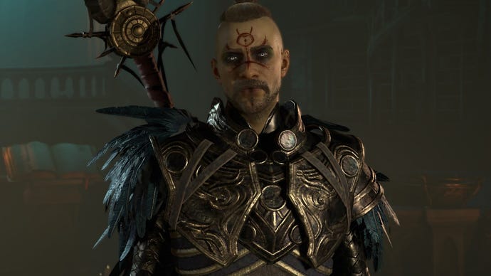 Zrzut ekranu Diablo 4 pokazujący czarnoksiężnika o lśniących oczach i czerwonym tatuażu trzeciego oka na czole