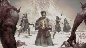 暗黑4季的恶性艺术品的人跪在雪地里,符文在后台和其他三个暗黑类人物,与狼在前台。