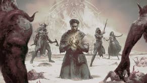A Diablo 4 Season of the Malignant artwork where man kneels in the snow, with a rune in the background and three other Diablo class characters, with wolves in the foreground.