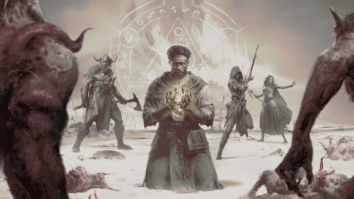 Діабло 4 сезон злоякісних творів мистецтва, де людина стає на коліна на снігу, з руною на задньому плані та трьома іншими персонажами класу Diablo, з вовками на передньому плані