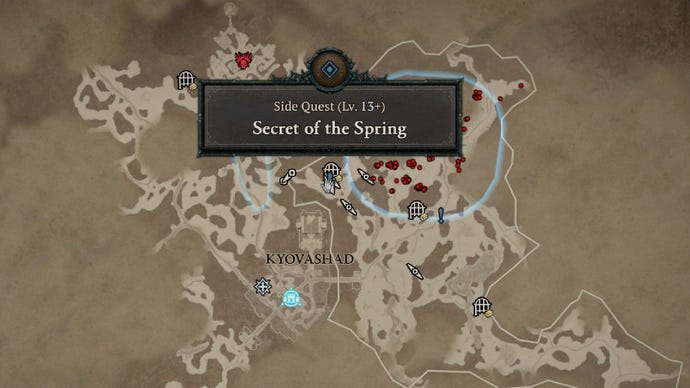 Diablo 4 screenshot showing the location of the Secret of the Spring quest.