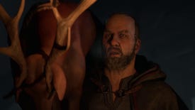 Diablo 4 image showing Lorath in a dark room, with a deer slung over his shoulder.