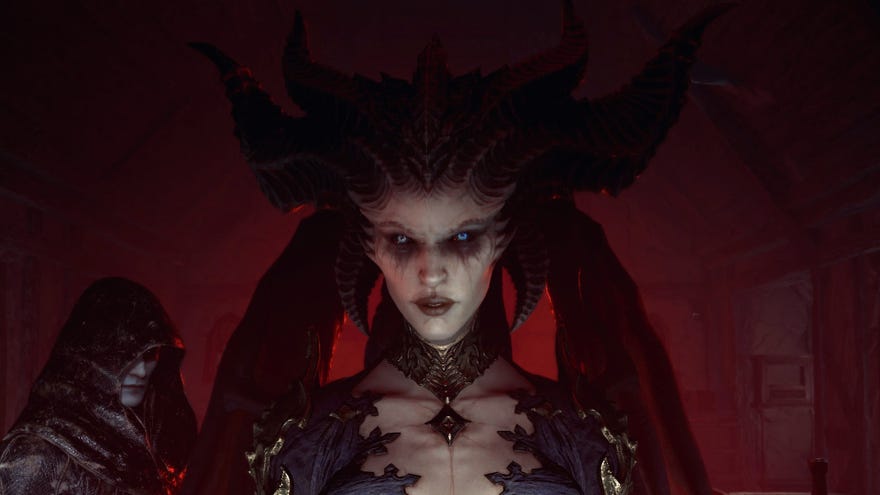 Diablo 4 image showing Lilith and Elias together in a room lit with a blood-red glow.