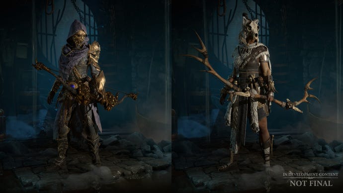 Diablo 4 image showing two armor sets: The left is a legendary set found as a loot drop, while the right is purchased through the shop.