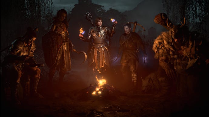 Diablo 4 art showing a Barbarian, Druid, Necromancer, Rogue, and Sorcerer around a campfire.