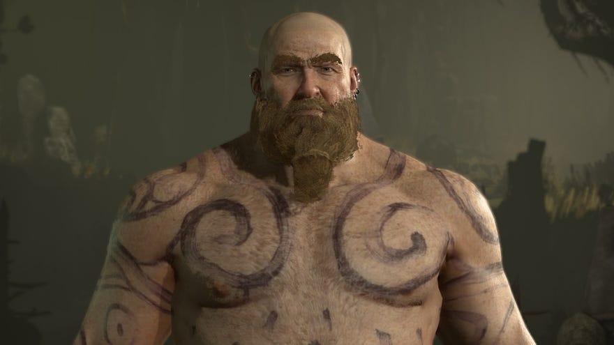 Diablo 4 image showing a Druid with swirling tattoos on their chest, stood against a grey/green backdrop.
