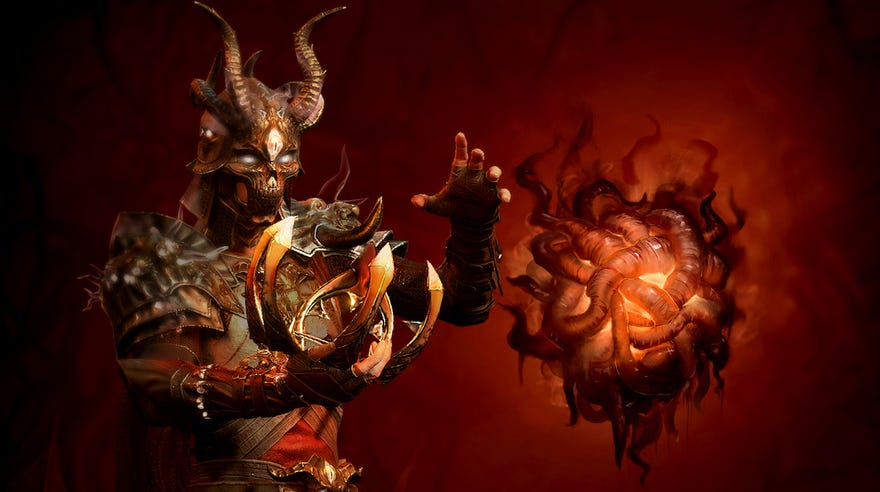 Diablo 4's corrupted Malignant Monster playing around with a floating Malignant Heart in a screenshot from the game's Season 1 update