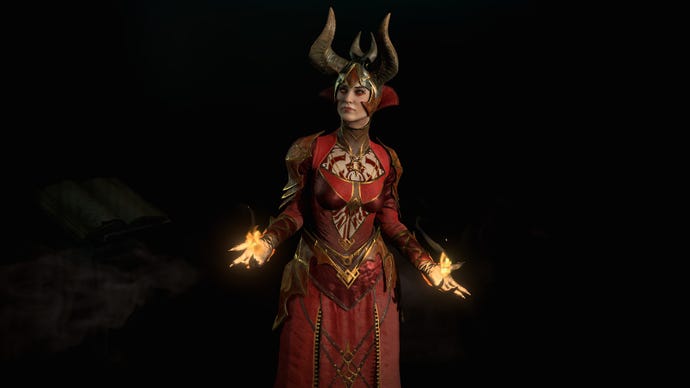 Diablo 4 image showing a Sorcerer wearing red robes and with fire in their hands, set against a dark background.