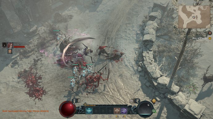 A Necomancer and her skeleton summons fight some minor monsters in Diablo IV.