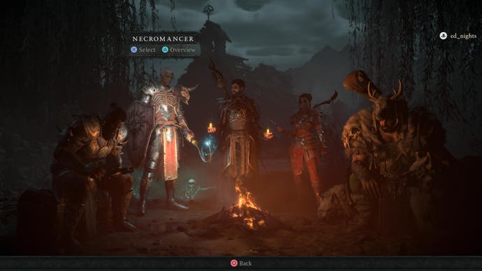 Diablo 4 character class select screen around a bonfire