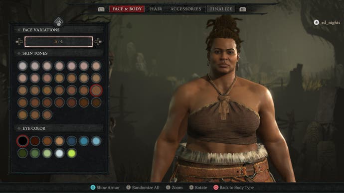 Diablo 4 character creator showing Black female druid and skin tone options