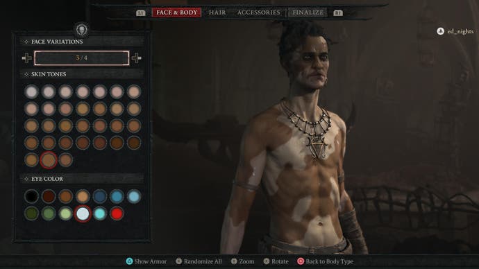 Diablo 4 character creator showing Necromancer with vitiligo