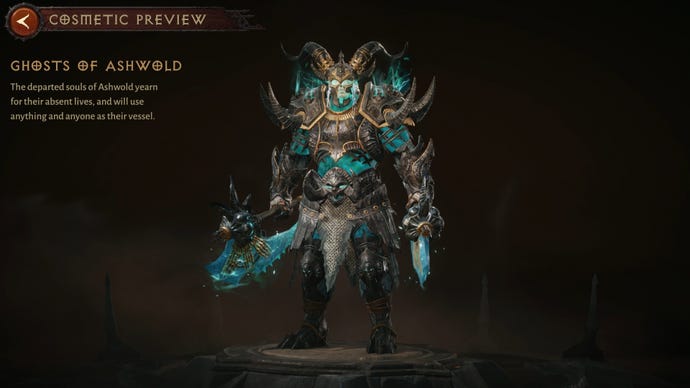 Diablo Immortal Barbarian wearing the Ghosts of Ashwold cosmetics in the gear preview screen