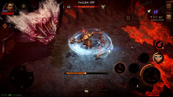 Diablo Immortal Barbarian using Whirlwind on a Fallen Imp. A large maw looms on the left, and lava runs through the hellish landscape to the right