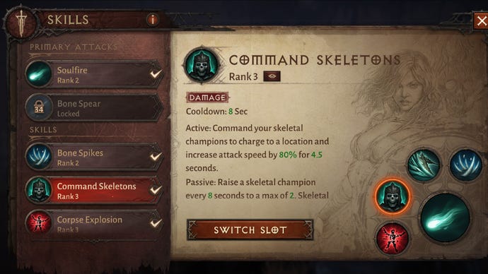 Diablo Immortal screenshot showing the Command Skeletons, with text that says you can command your skeletons to increase their attack speed and raise a new one every 8 seconds.