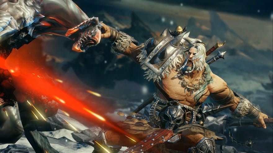 Diablo Immortal image showing a barbarian swinging at a demon as a red streak of light and blood blasts out of the enemy.