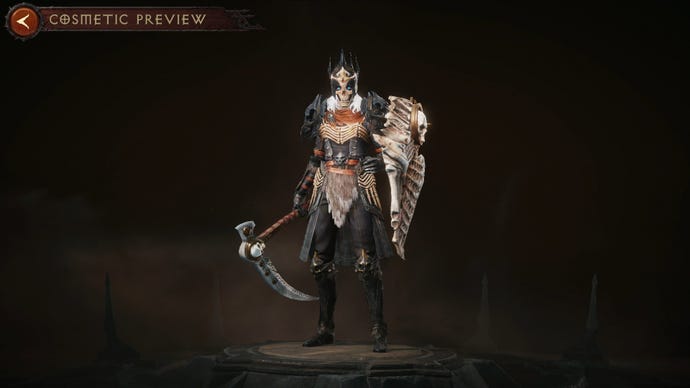Diablo Immortal Necromancer in legendary gear wearing a skeleton head helmet and bone gear