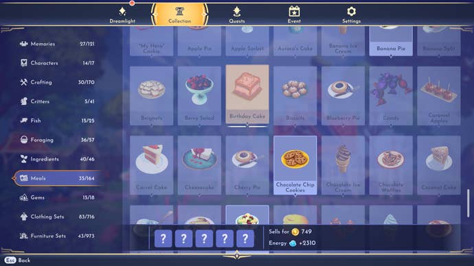 Birthday Cake, shown in the meals section of the collection menu in Disney Dreamlight Valley