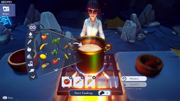 A player cooks Veggie Pasta in the Mystical Cave of Disney Dreamlight Valley