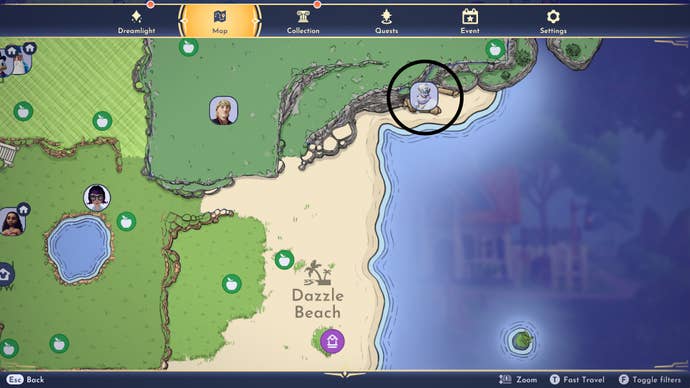 The location of the Cursed Cave marked on the Disney Dreamlight Valley map