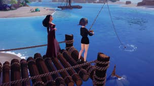 A player fishes alongside Mother Gothel at Dazzle Beach in Disney Dreamlight Valley
