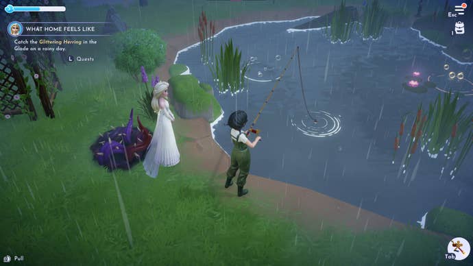 A player fishes alongside Elsa on a rainy day in Disney Dreamlight Valley