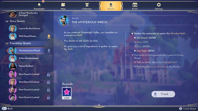 The Friendship Quests in the Quests menu in Disney Dreamlight Valley