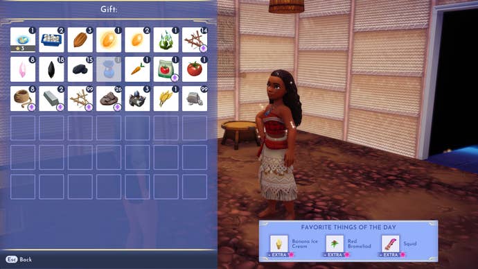 A player gives a gift to Moana in Disney Dreamlight Valley
