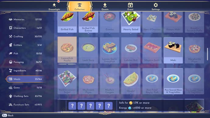 Lancetfish Paella, shown in the meals section of the collection menu in Disney Dreamlight Valley