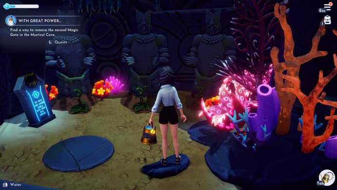 A player looks at the crops planted as a part of the With Great Power quest in Disney Dreamlight Valley's Mystical Cave