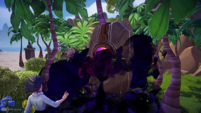 A player looks as a Pillar's fog dissipates after placing an Orb of Power in it, in Disney Dreamlight Valley
