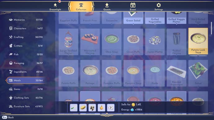 Potato Leek Soup, shown in the meals section of the collection menu in Disney Dreamlight Valley