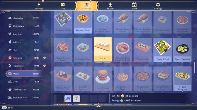 The recipe for sushi, shown in the collections menu of Disney Dreamlight Valley