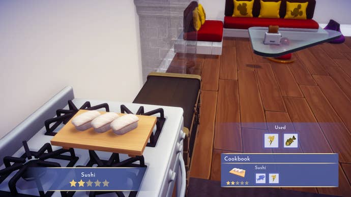 A player cooks sushi in Disney Dreamlight Valley