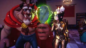 cutscene of female character in golden candle outfit looking at beast gazing into a mirror from beauty and the beast