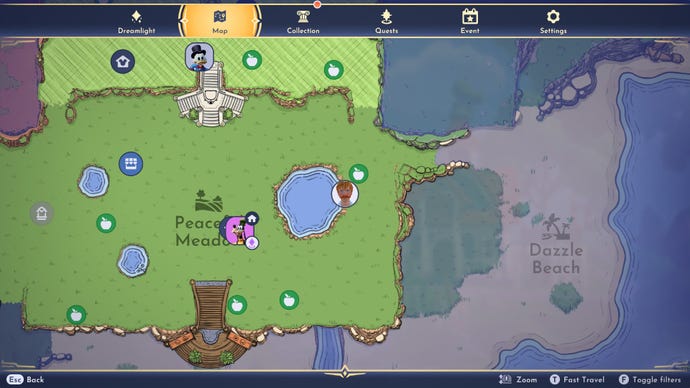 Disney Dreamlight Valley screenshot showing the Peaceful Meadow, with the player icon by a large pond on the right hand side.
