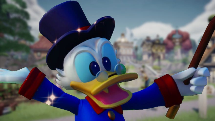 An image of Scrooge McDuck smiling and holding his hands up against a blurred backdrop of Disney Dreamlight Valley.