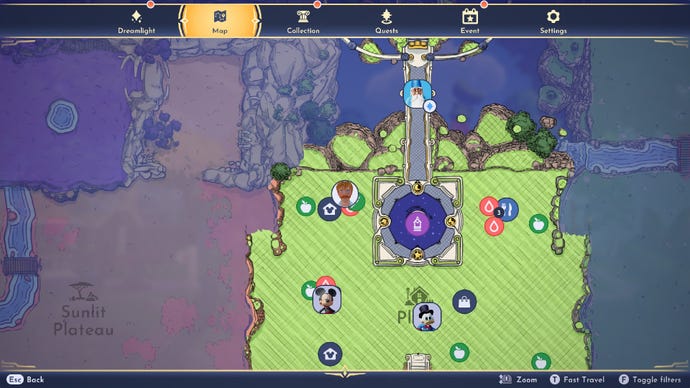 Disney Dreamlight Valley screenshot showing various icons in the Plaza, with the player located by their house in the top-left corner.