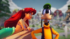 Image showing Ariel on the left and Goofy on the right from Disney Dreamlight Valley, with Ariel staring at Goofy. They are against a blurred background of Dreamlight Valley.