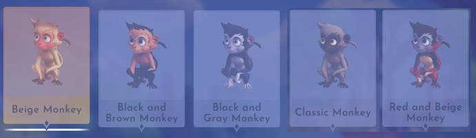 collection menu view of all the monkey critters in disney dreamlight valley