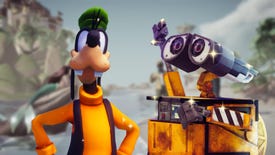 Image showing Wall-E staring left and waving towards Goofy. They are set against a blurred background of a sandy beach by the ocean, where Ariel is lay on a rock.