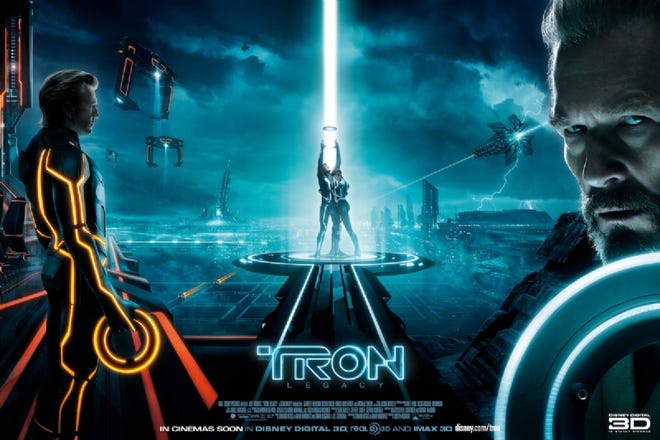 Poster for Tron featuring characters holding led lit up disks