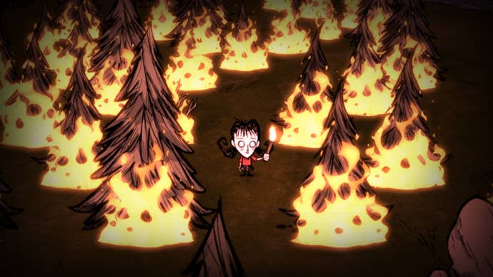 A player is surrounded by burning trees in Don't Starve.