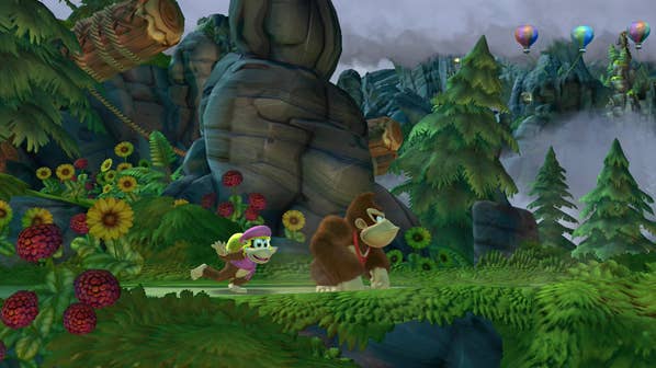 Donkey Kong wordt gevolgd door Dixie Kong aan het begin van een niveau in Donkey Kong: Tropical Freeze